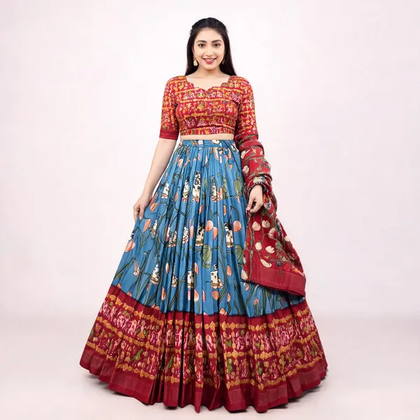 Tussar_Silk_Patola_Print_Trendy_Lehenga_Choli_In_Firozi_For_Women