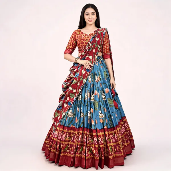 Tussar_Silk_Patola_Print_Trendy_Lehenga_Choli_In_Firozi_For_Women