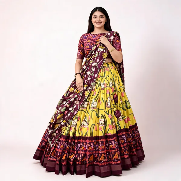 Tussar_Silk_Patola_Print_Trendy_Lehenga_Choli_In_Yellow_For_Women