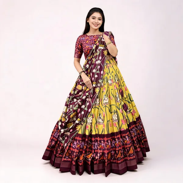 Tussar_Silk_Patola_Print_Trendy_Lehenga_Choli_In_Yellow_For_Women