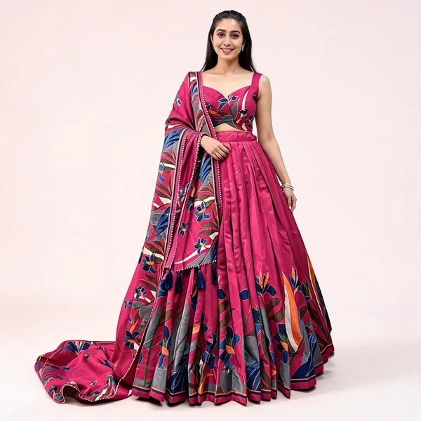 Rani_Pink_Floral_Lehenga_Choli_With_Foil_Print_And_Gota_Patti_Dupatta_For_Women