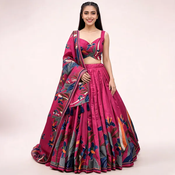 Rani_Pink_Floral_Lehenga_Choli_With_Foil_Print_And_Gota_Patti_Dupatta_For_Women