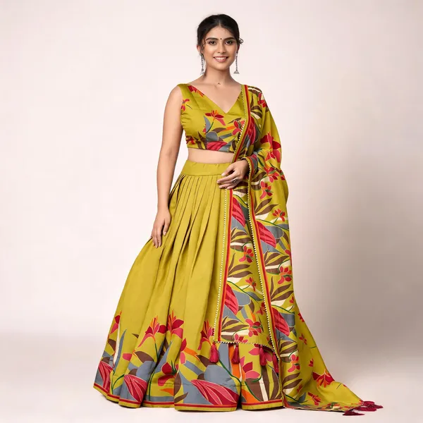 Mustard_Floral_Lehenga_Choli_With_Foil_Print_And_Gota_Patti_Dupatta_For_Women