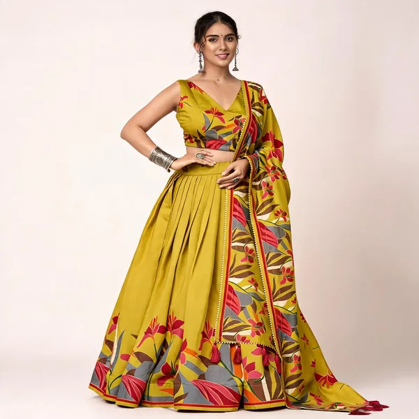 Mustard_Floral_Lehenga_Choli_With_Foil_Print_And_Gota_Patti_Dupatta_For_Women