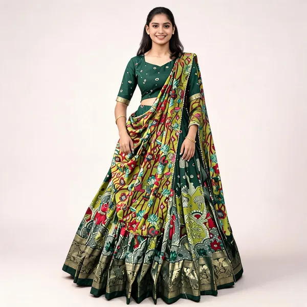 Green_Color_Tussar_Silk_Foil_Print_Lehenga_Choli_For_Women