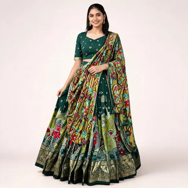 Green_Color_Tussar_Silk_Foil_Print_Lehenga_Choli_For_Women