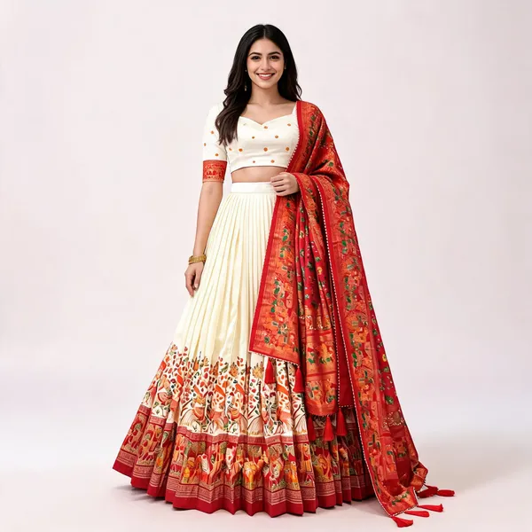 Tussar_Silk_Patola_Print_Trendy_Lehenga_Choli_In_White_For_Women