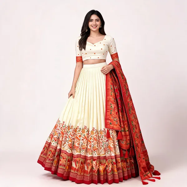 Tussar_Silk_Patola_Print_Trendy_Lehenga_Choli_In_White_For_Women