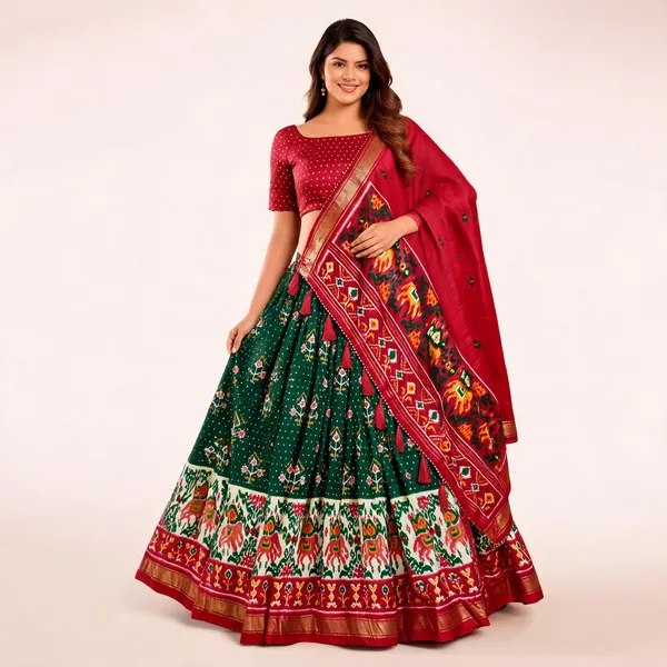 Tussar_Silk_Green_Fabulously_Patola_Printed_Stitched_Lehenga_And_Blouse_With_Dupatta_For_Women