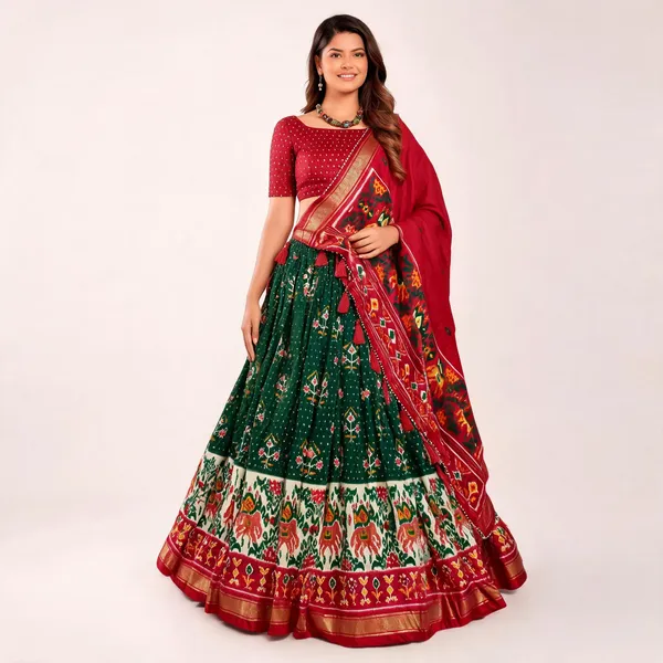 Tussar_Silk_Green_Fabulously_Patola_Printed_Stitched_Lehenga_And_Blouse_With_Dupatta_For_Women