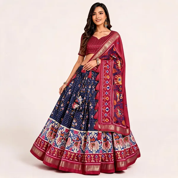 Tussar_Silk_Navy_Blue_Fabulously_Patola_Printed_Stitched_Lehenga_And_Blouse_With_Dupatta_For_Women