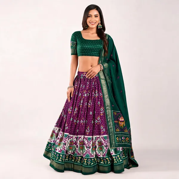 Tussar_Silk_Purple_Fabulously_Patola_Printed_Stitched_Lehenga_And_Blouse_With_Dupatta_For_Women