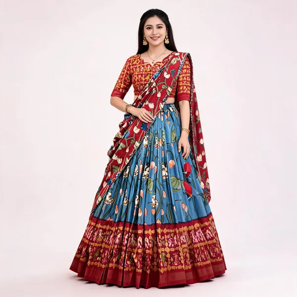 Tussar_Silk_Firozi_Fabulously_Patola_Printed_Stitched_Lehenga_And_Blouse_With_Dupatta_For_Women