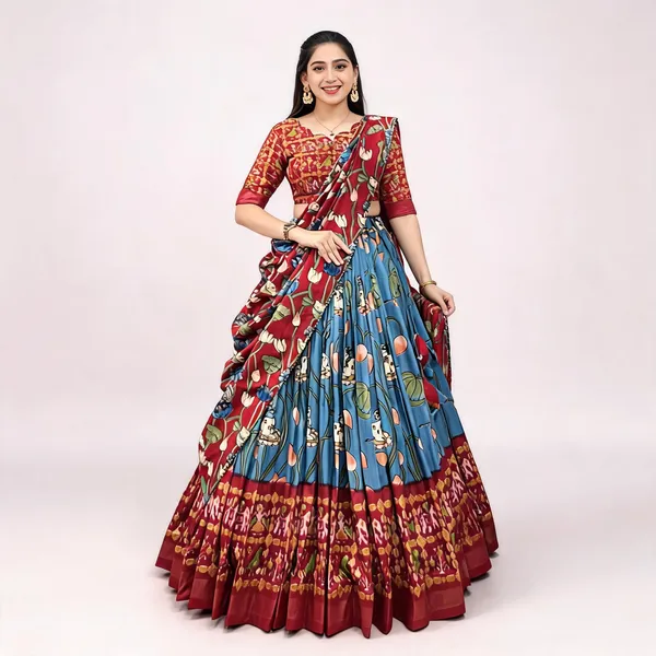 Tussar_Silk_Firozi_Fabulously_Patola_Printed_Stitched_Lehenga_And_Blouse_With_Dupatta_For_Women