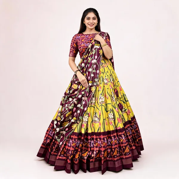 Tussar_Silk_Yellow_Fabulously_Patola_Printed_Stitched_Lehenga_And_Blouse_With_Dupatta_For_Women