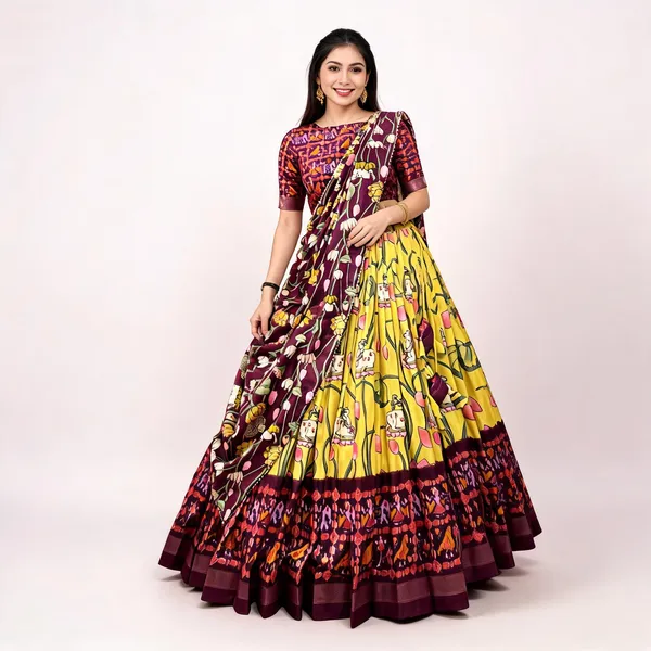Tussar_Silk_Yellow_Fabulously_Patola_Printed_Stitched_Lehenga_And_Blouse_With_Dupatta_For_Women