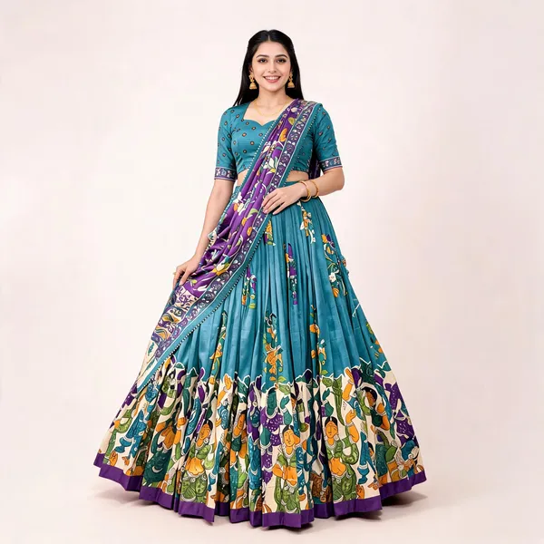 Tussar_Silk_Patola_Print_Trendy_Lehenga_Choli_In_Firozi_For_Women