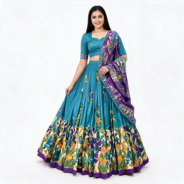 Tussar_Silk_Patola_Print_Trendy_Lehenga_Choli_In_Firozi_For_Women