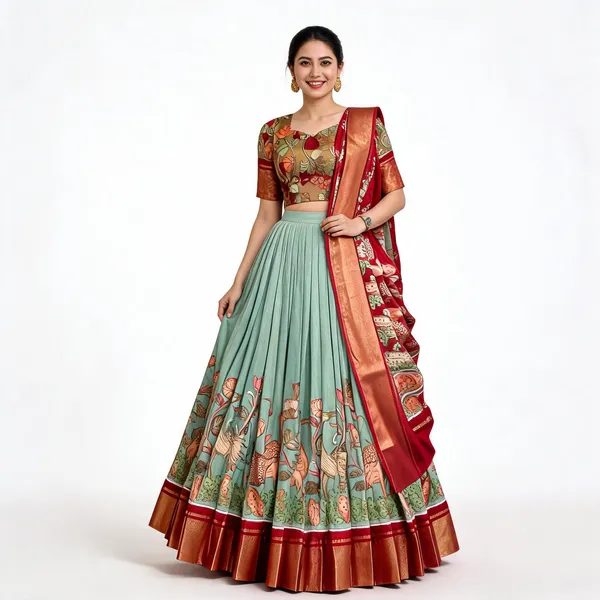 Green_Color_Dola_Silk_Designer_Kalamkari_Print_Lehenga_Choli_For_Women