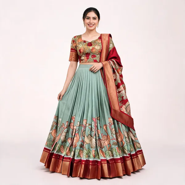 Green_Color_Dola_Silk_Designer_Kalamkari_Print_Lehenga_Choli_For_Women