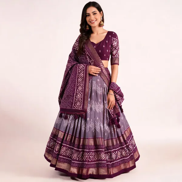 Wine_Color_Silk_Lehenga_Choli_With_Patola_Print_Dupatta_For_Women