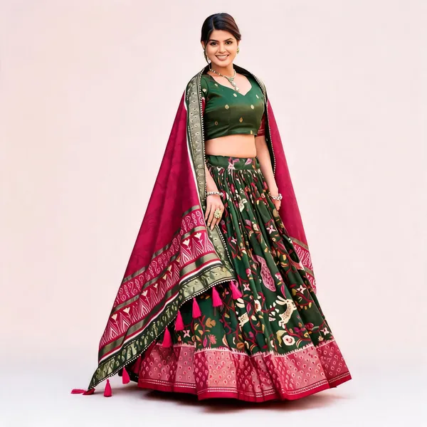 Tussar_Silk_Green_Fabulously_Patola_Printed_Stitched_Lehenga_And_Blouse_With_Dupatta_For_Women