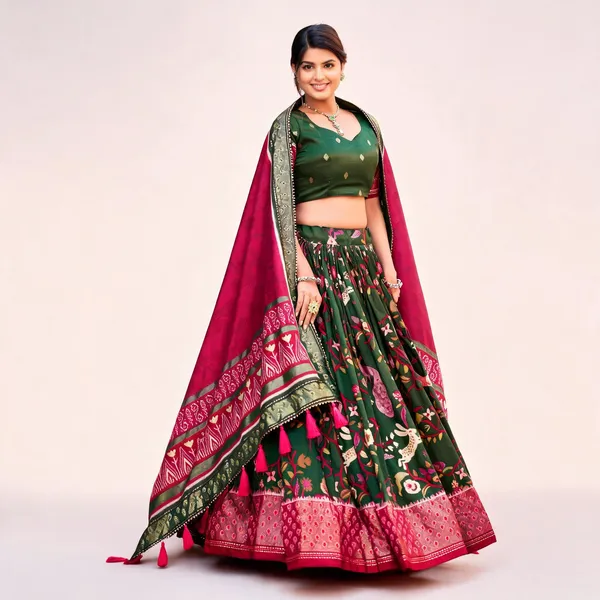 Tussar_Silk_Green_Fabulously_Patola_Printed_Stitched_Lehenga_And_Blouse_With_Dupatta_For_Women