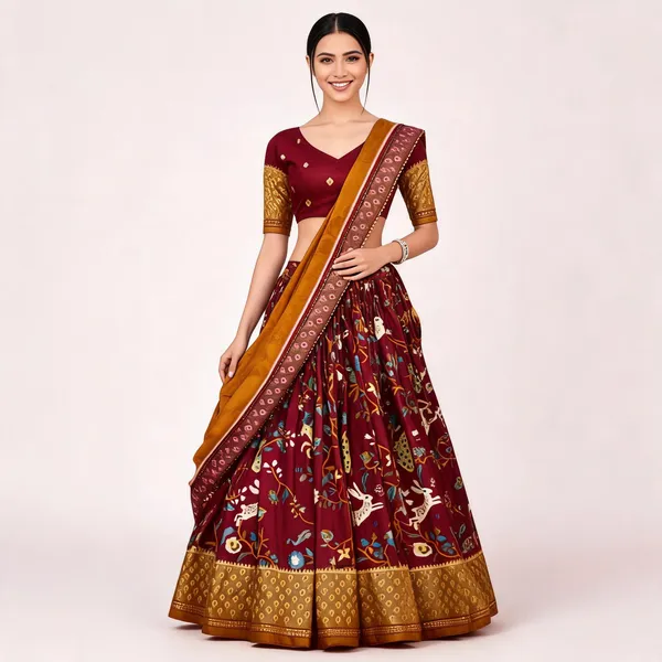 Tussar_Silk_Maroon_Fabulously_Patola_Printed_Stitched_Lehenga_And_Blouse_With_Dupatta_For_Women