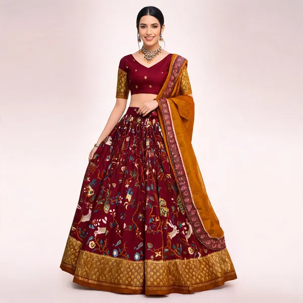 Tussar_Silk_Maroon_Fabulously_Patola_Printed_Stitched_Lehenga_And_Blouse_With_Dupatta_For_Women