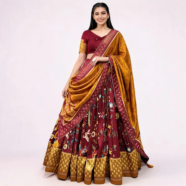 Tussar_Silk_Maroon_Fabulously_Patola_Printed_Stitched_Lehenga_And_Blouse_With_Dupatta_For_Women