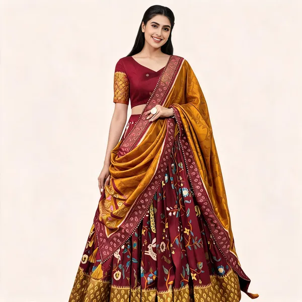 Tussar_Silk_Maroon_Fabulously_Patola_Printed_Stitched_Lehenga_And_Blouse_With_Dupatta_For_Women