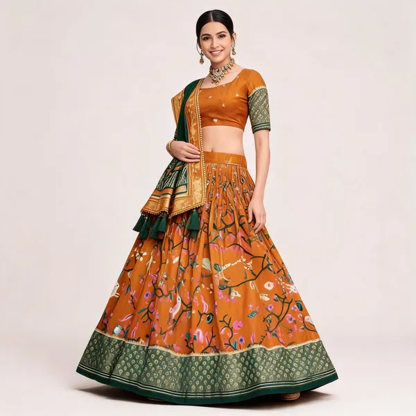Tussar_Silk_Mustard_Fabulously_Patola_Printed_Stitched_Lehenga_And_Blouse_With_Dupatta_For_Women