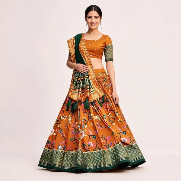 Tussar_Silk_Mustard_Fabulously_Patola_Printed_Stitched_Lehenga_And_Blouse_With_Dupatta_For_Women