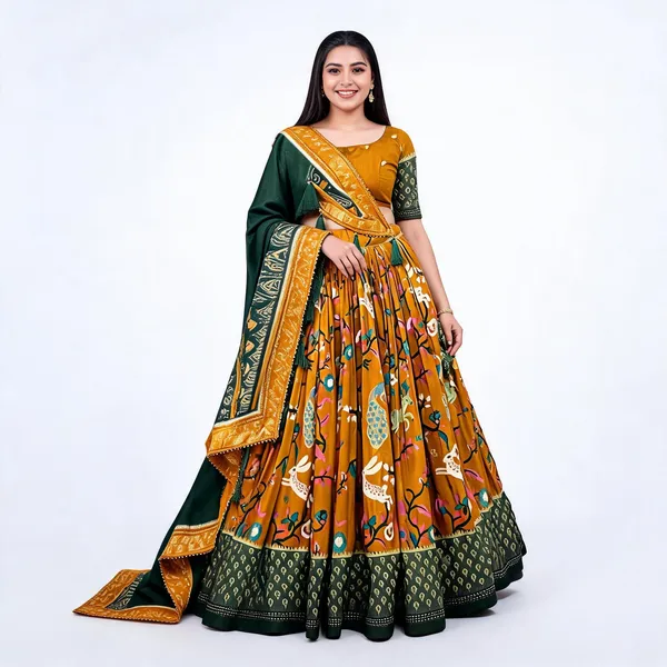 Tussar_Silk_Mustard_Fabulously_Patola_Printed_Stitched_Lehenga_And_Blouse_With_Dupatta_For_Women