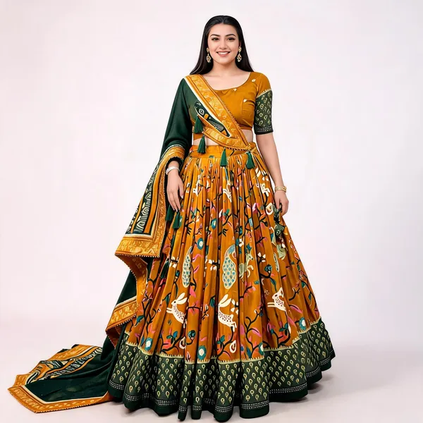 Tussar_Silk_Mustard_Fabulously_Patola_Printed_Stitched_Lehenga_And_Blouse_With_Dupatta_For_Women