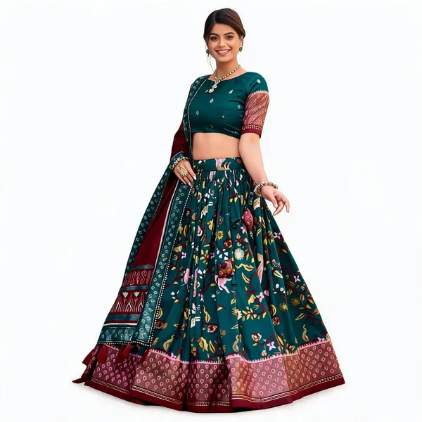Tussar_Silk_Rama_Fabulously_Patola_Printed_Stitched_Lehenga_And_Blouse_With_Dupatta_For_Women