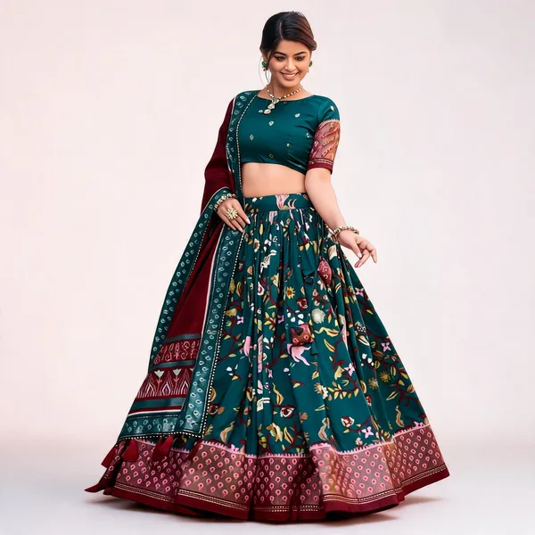 Tussar_Silk_Rama_Fabulously_Patola_Printed_Stitched_Lehenga_And_Blouse_With_Dupatta_For_Women