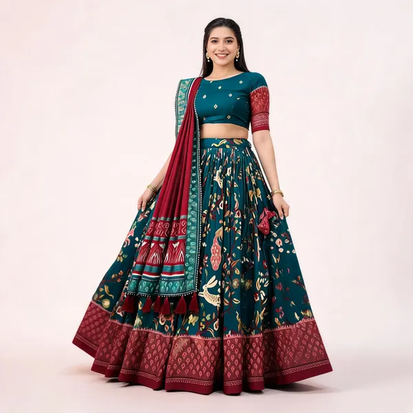 Tussar_Silk_Rama_Fabulously_Patola_Printed_Stitched_Lehenga_And_Blouse_With_Dupatta_For_Women