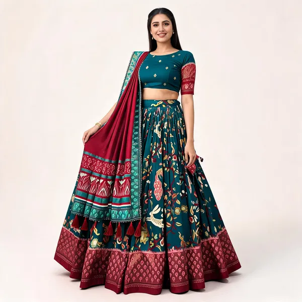 Tussar_Silk_Rama_Fabulously_Patola_Printed_Stitched_Lehenga_And_Blouse_With_Dupatta_For_Women
