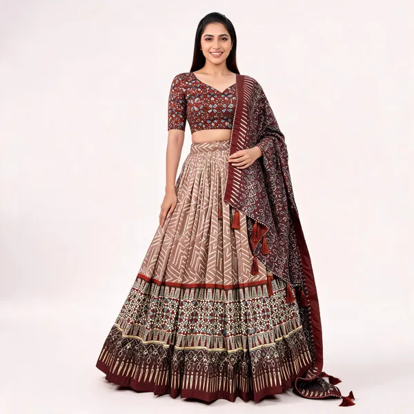 Brown_Color_Tussar_Silk_Foil_Print_Lehenga_Choli_For_Women