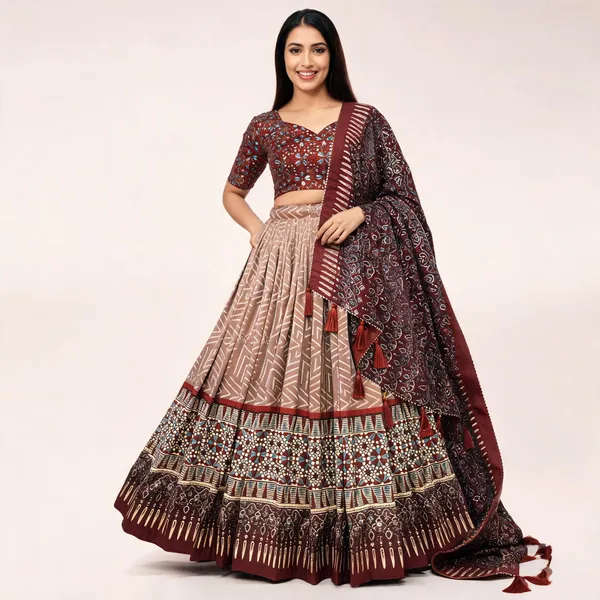 Brown_Color_Tussar_Silk_Foil_Print_Lehenga_Choli_For_Women