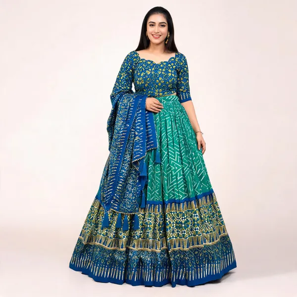 Green_Color_Tussar_Silk_Foil_Print_Lehenga_Choli_For_Women