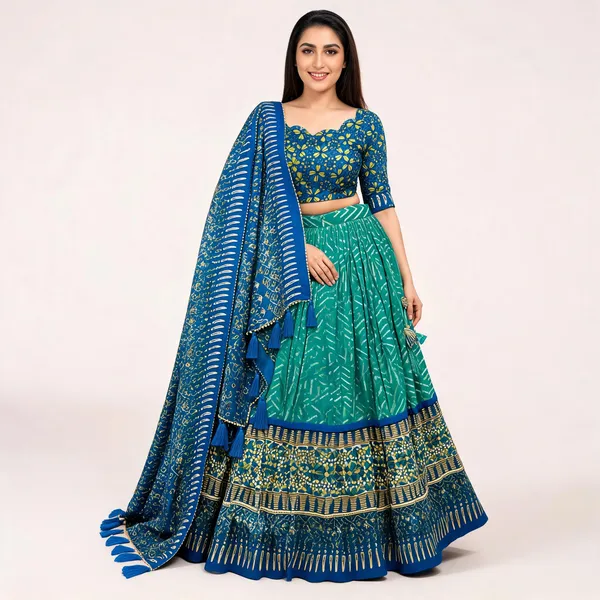 Green_Color_Tussar_Silk_Foil_Print_Lehenga_Choli_For_Women