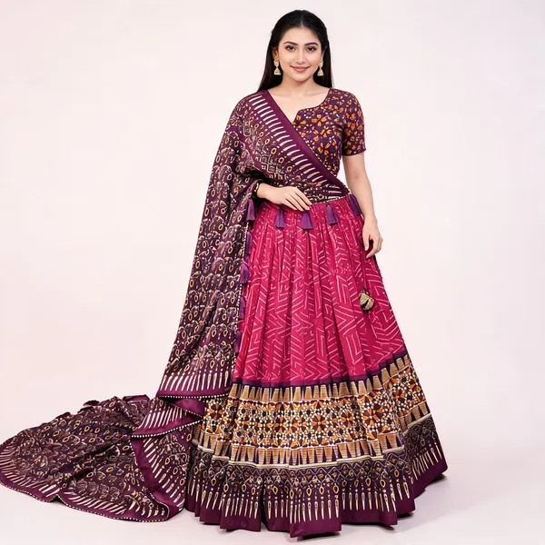 Purple_Color_Tussar_Silk_Foil_Print_Lehenga_Choli_For_Women