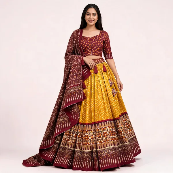 Yellow_Color_Tussar_Silk_Foil_Print_Lehenga_Choli_For_Women