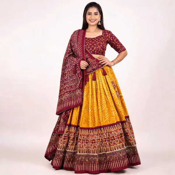 Yellow_Color_Tussar_Silk_Foil_Print_Lehenga_Choli_For_Women
