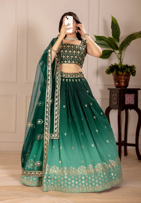 Green_Plain_Lehenga_With_Crease_Work_Heavy_Simmer_Silk_Women_Festive_Wedding_Collection_For_Women
