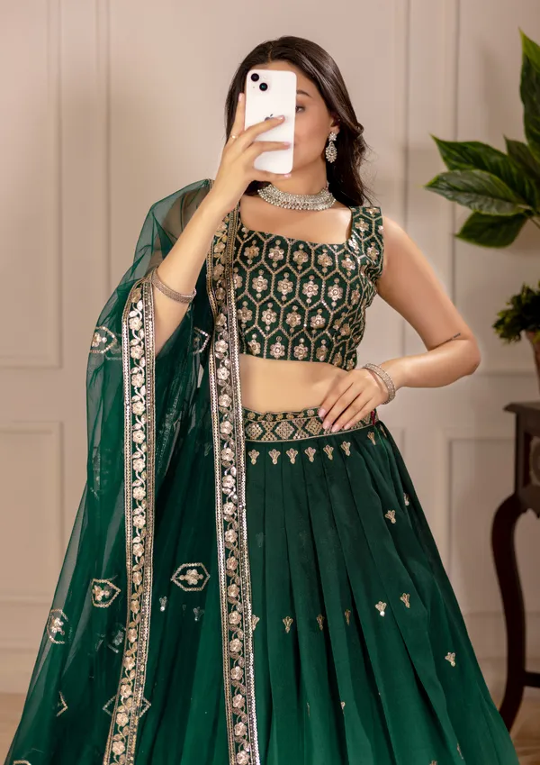 Green_Plain_Lehenga_With_Crease_Work_Heavy_Simmer_Silk_Women_Festive_Wedding_Collection_For_Women