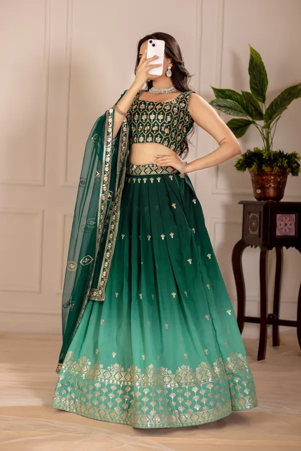 Green_Plain_Lehenga_With_Crease_Work_Heavy_Simmer_Silk_Women_Festive_Wedding_Collection_For_Women