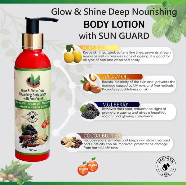 Sunscreen_-_Spf_50_Glow_&_Shine_Deep_Nourishing_Body_Lotion_With_Sun_Guard_(Marula_Oil,_Argan_Oil,_Mulberry_And_Cocoa_Butter)_|_Vitamin_C_&_Vitamin_E_|_No_Paraben_(200_Ml)